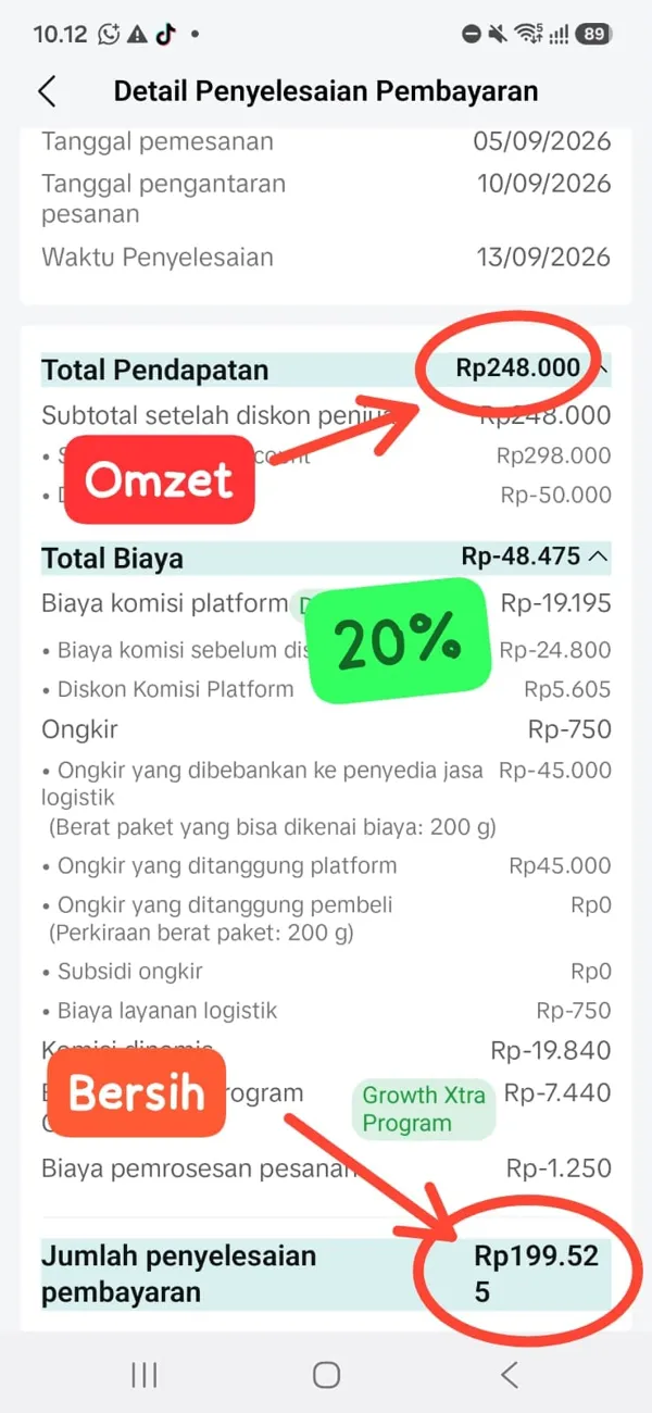 Contoh rincian pencairan: omzet Rp248.000, setelah potongan tinggal Rp199.525